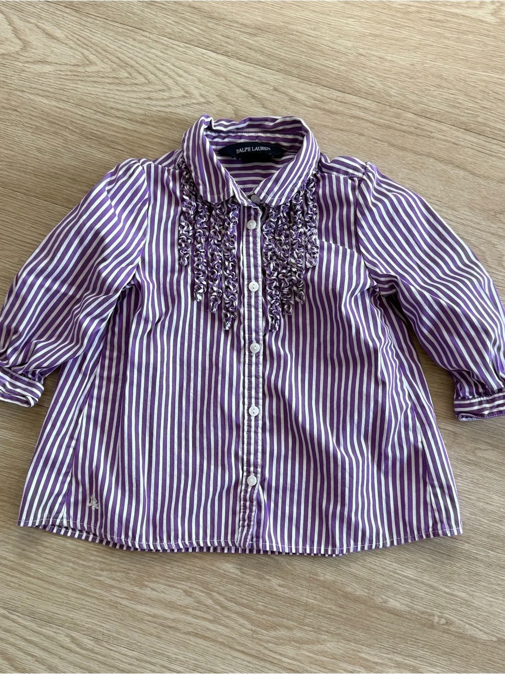 Ralph Lauren Baby Girl Purple/White Stripe Ruffle Collar Shirt Dress Sz 18M
